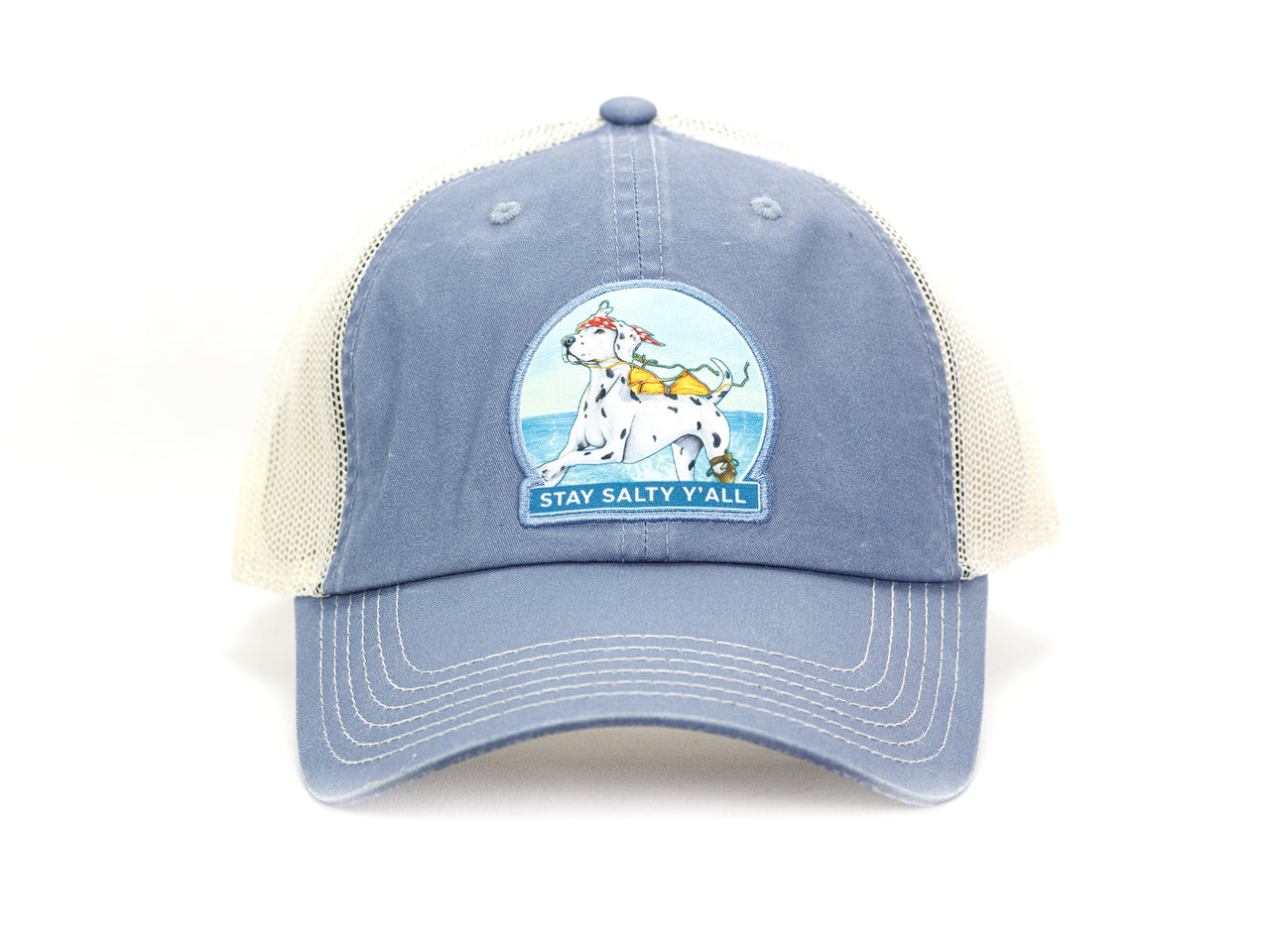 Stay Salty Y'all Beach Trucker Hat, Cotton Front Mesh Back, Adjustable Fit, One Size Fits All -Blue Jean
