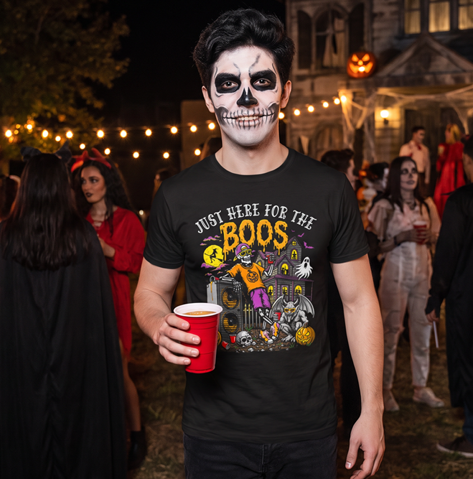 Salty Bones Just Here for the Boos Halloween Haunted House Front Print T-Shirt