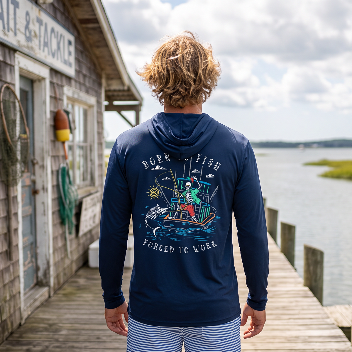 Salty Bones Born to Fish Forced to Work UPF 50 Sun Protection Hooded Long Sleeve Shirt