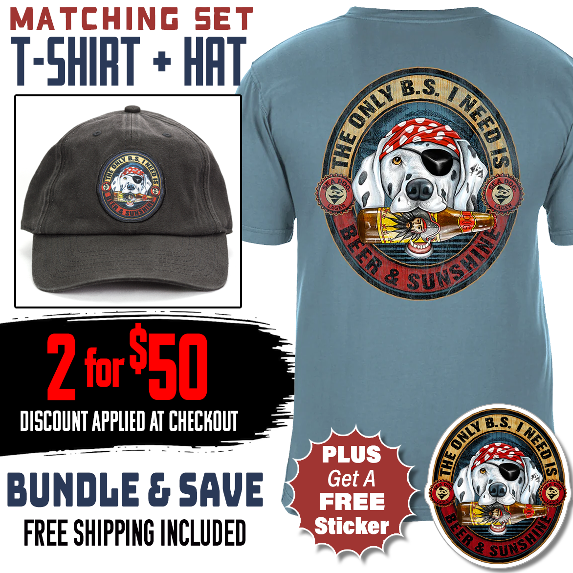 Beer and Sunshine Matching Set - T-Shirt and Hat + Free Sticker Included • Discount Applied at Checkout