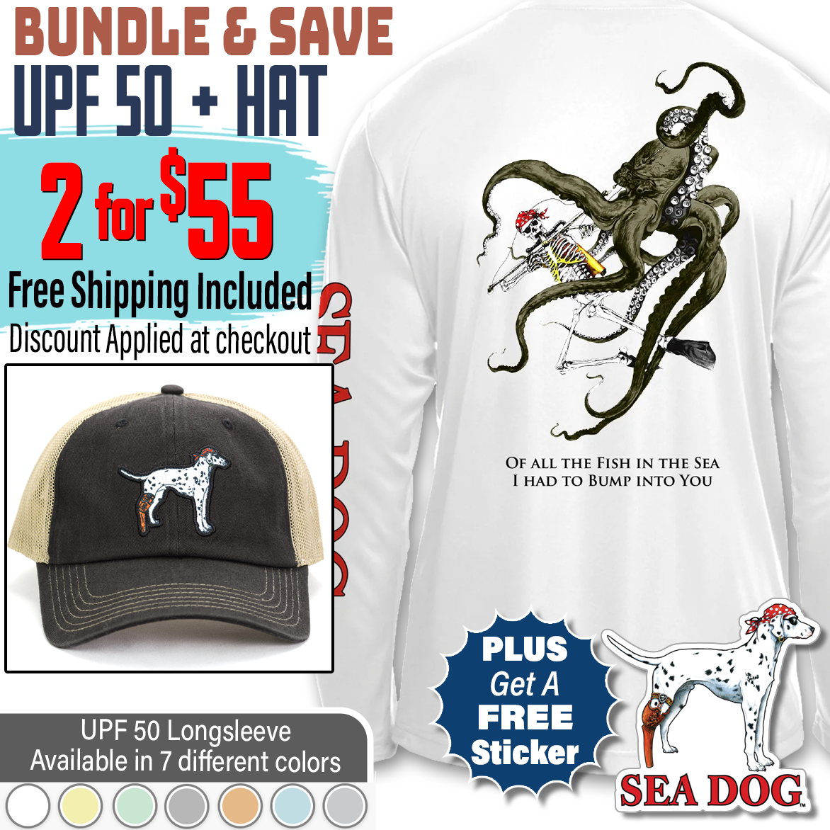 Skeleton Diver Octopus UPF 50 Long Sleeve T-Shirt and Hat Set + Free Sticker • Discount Applied at Checkout