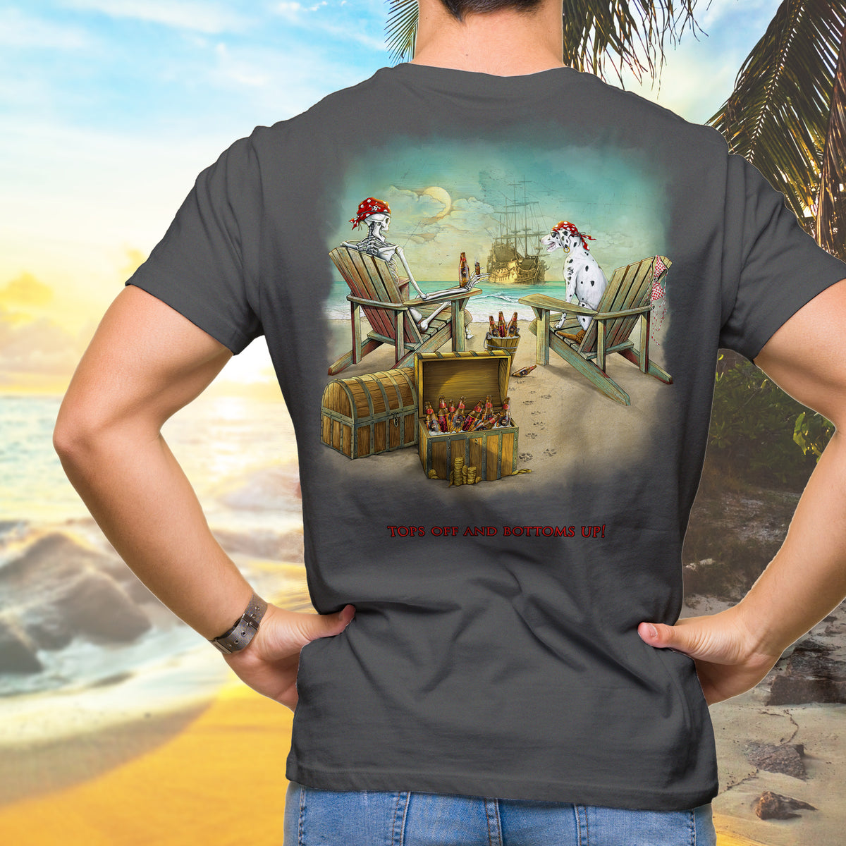 Tops Off Bottoms Up Pirate Beach Party Graphic T-Shirt