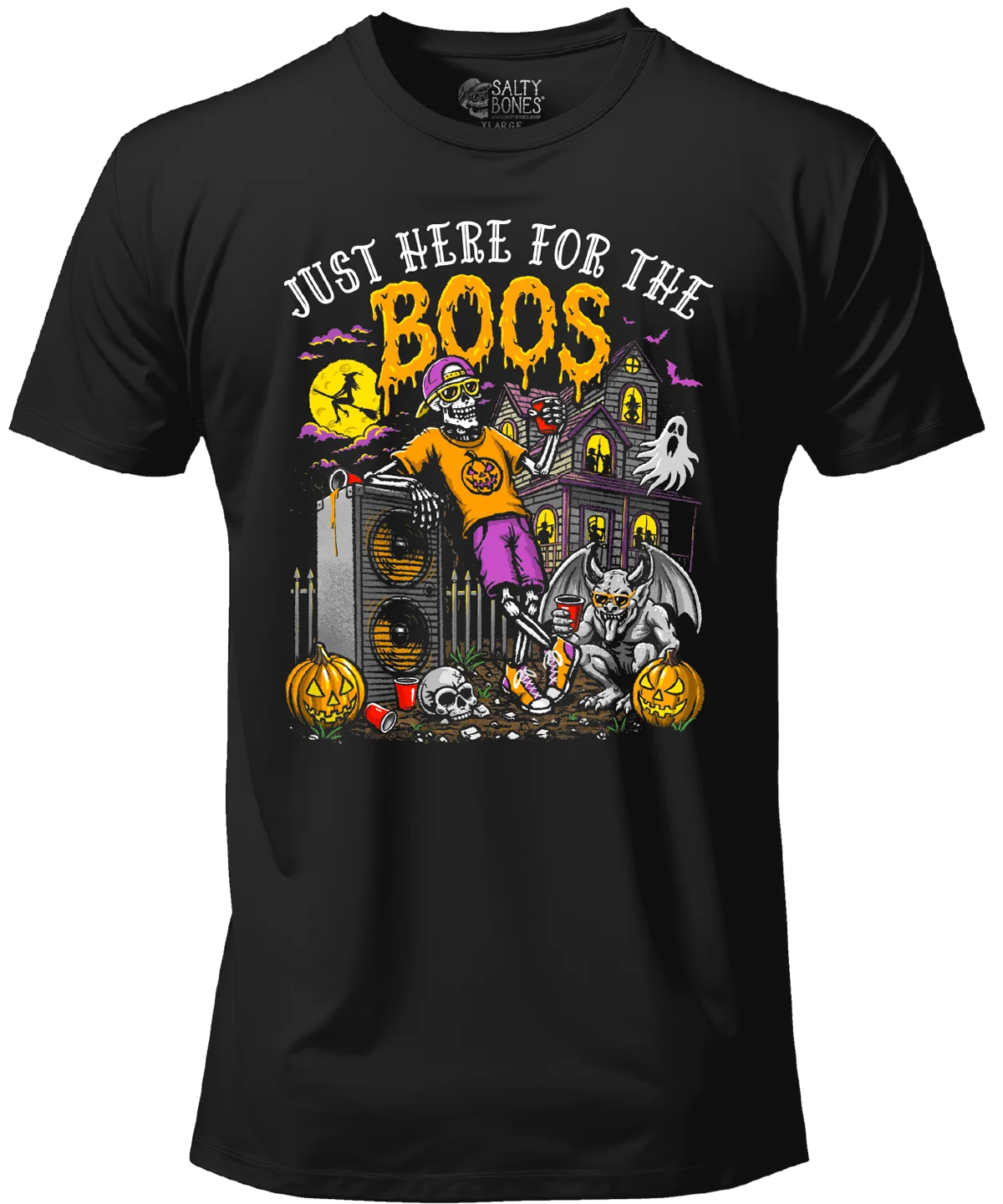 Salty Bones Just Here for the Boos Halloween Haunted House Front Print T-Shirt