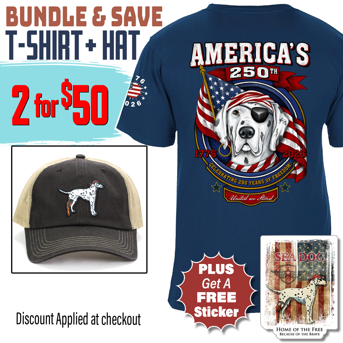 America's 250 Freedom Badge Patriotic T-Shirt and Hat Set + Free Sticker • Discount Applied at Checkout