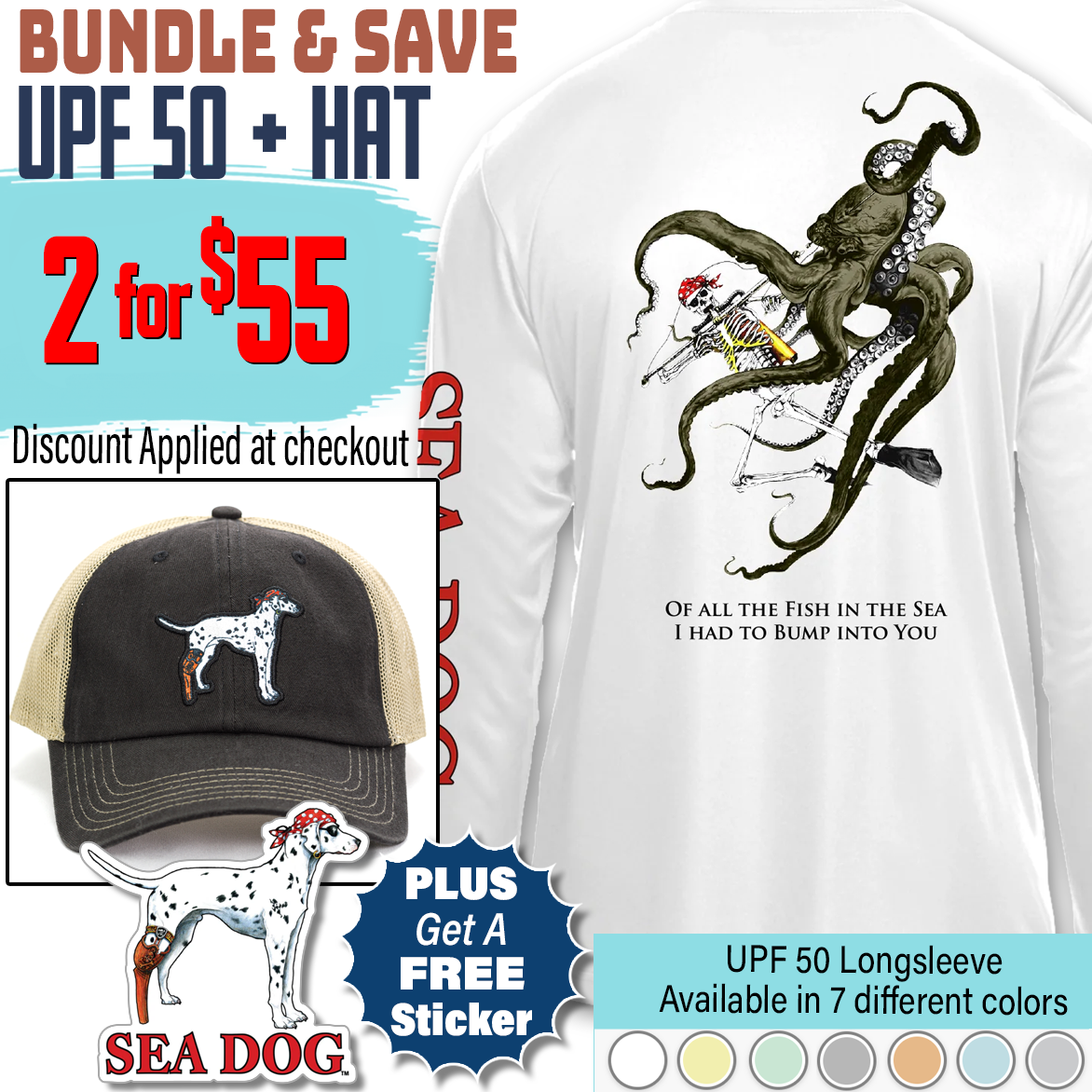 Skeleton Diver Octopus UPF 50 Long Sleeve T-Shirt and Hat Set + Free Sticker • Discount Applied at Checkout